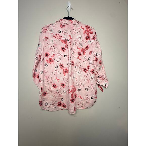 Charter Club Women's L Pink Floral Button Down Blouse with Tie Cuffs Lightweight - Picture 2 of 9